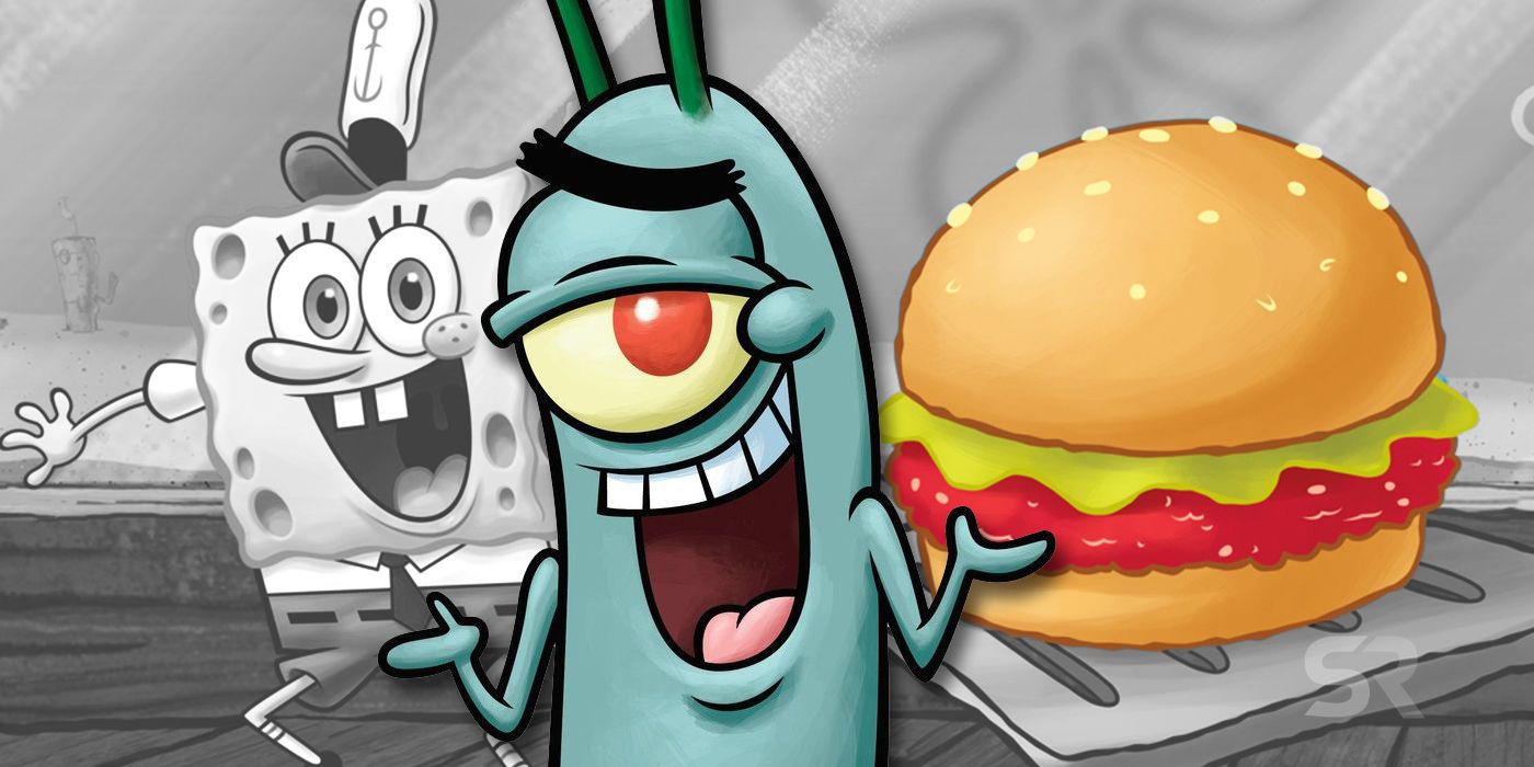A composite image of SpongeBob, Plankton and a Krabby Patty from SpongeBob Squarepants