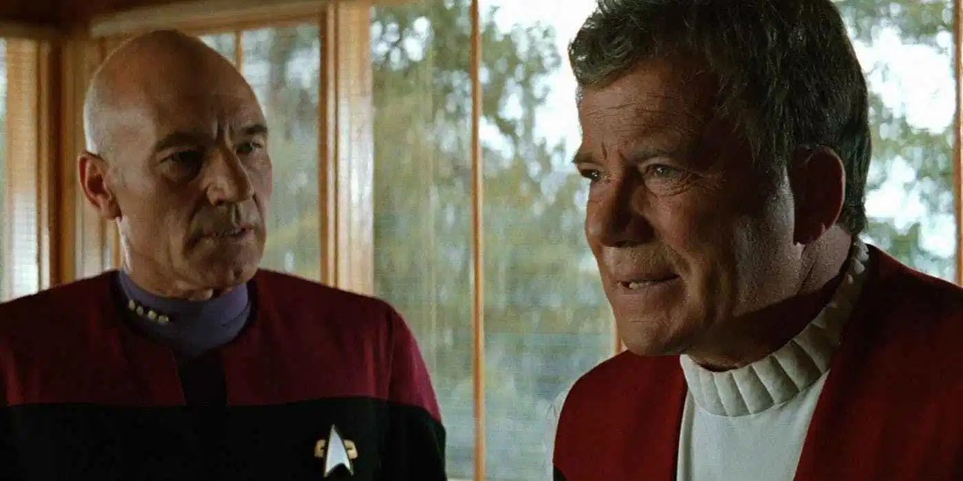Captain Picard and Captain Kirk stand side by side talking