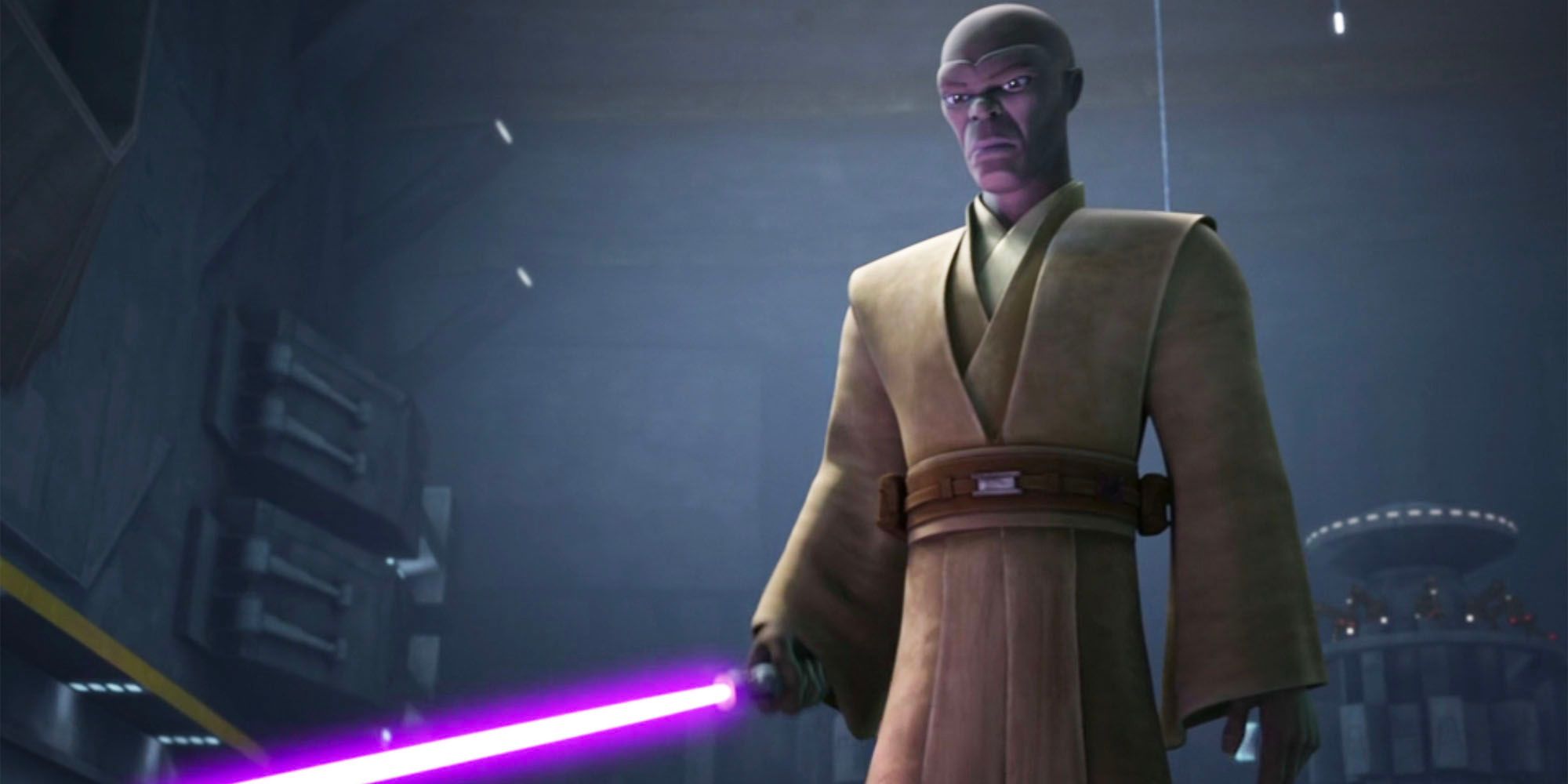 Mace Windu offers the droids a chance to stand down before he kills them in Star Wars the Clone Wars.