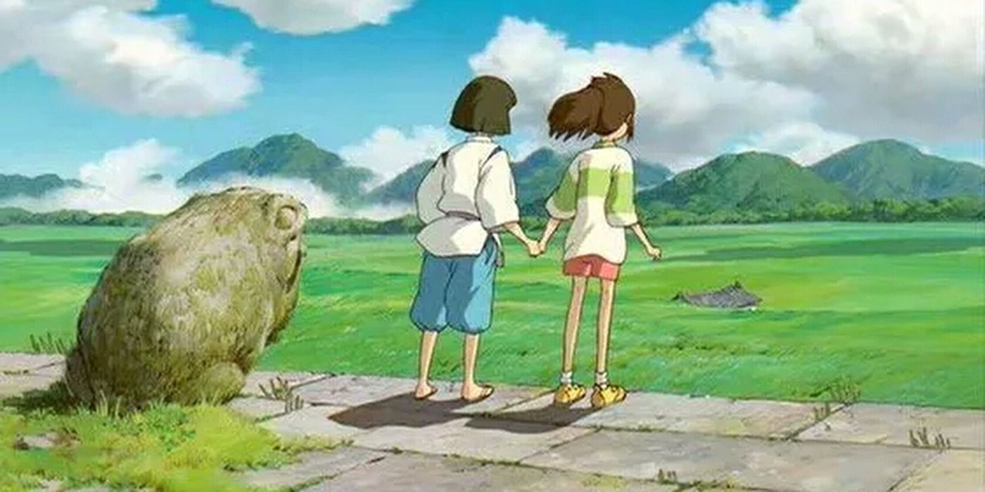 Haku and Chihiro standing in front of the dried up river at the end of Spirited Away.