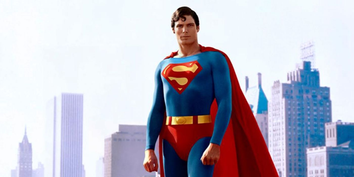Superman standing on a rooftop in Superman: The Movie.