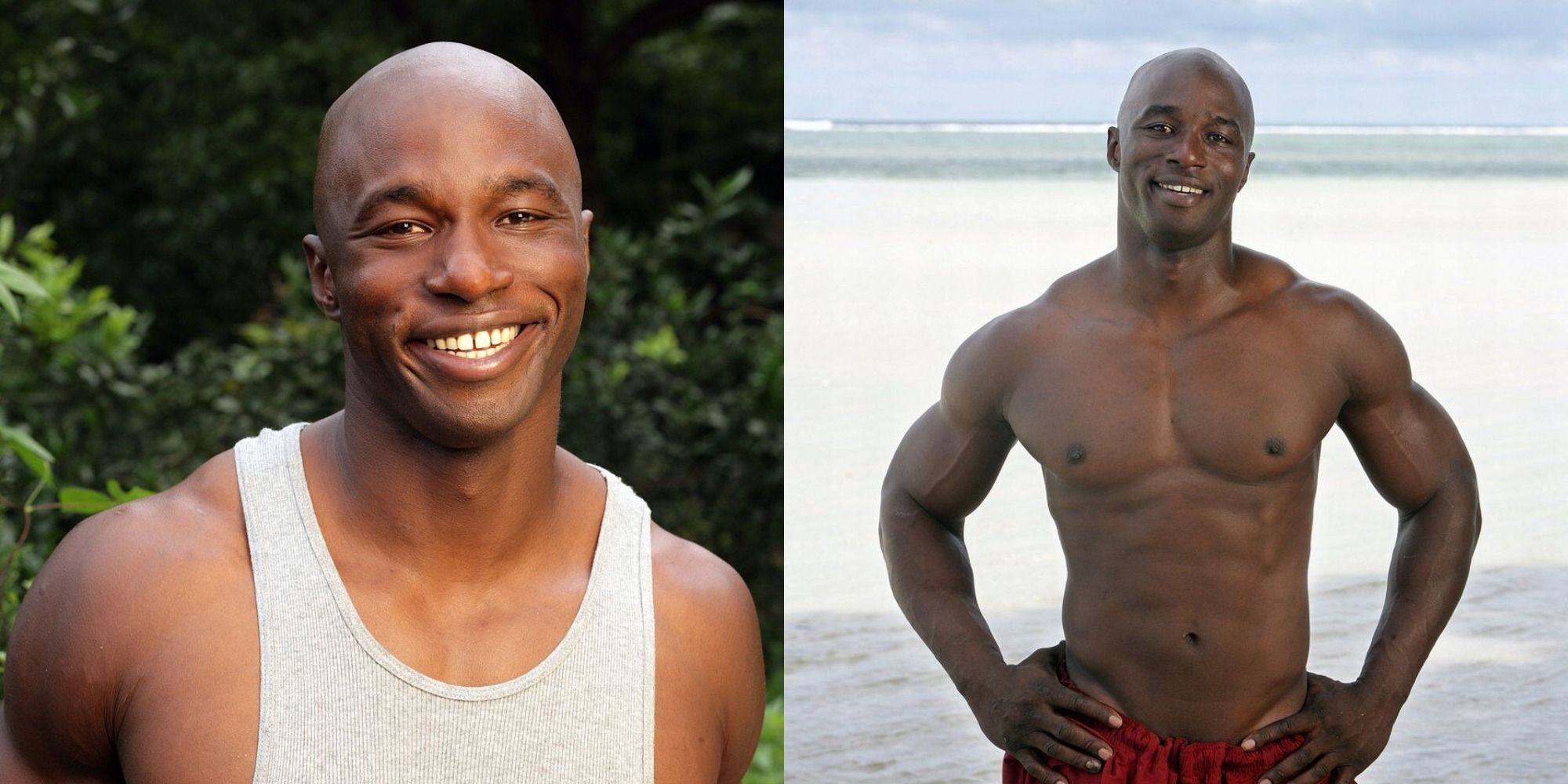 Split image: James Clement smiles in two promo images for Survivor