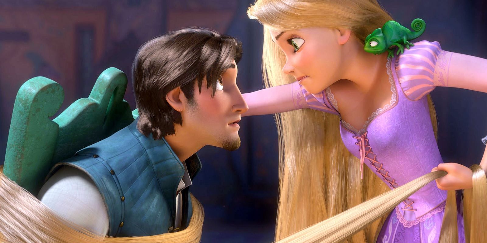 Rapunzel pulls Flynn Rider close to her