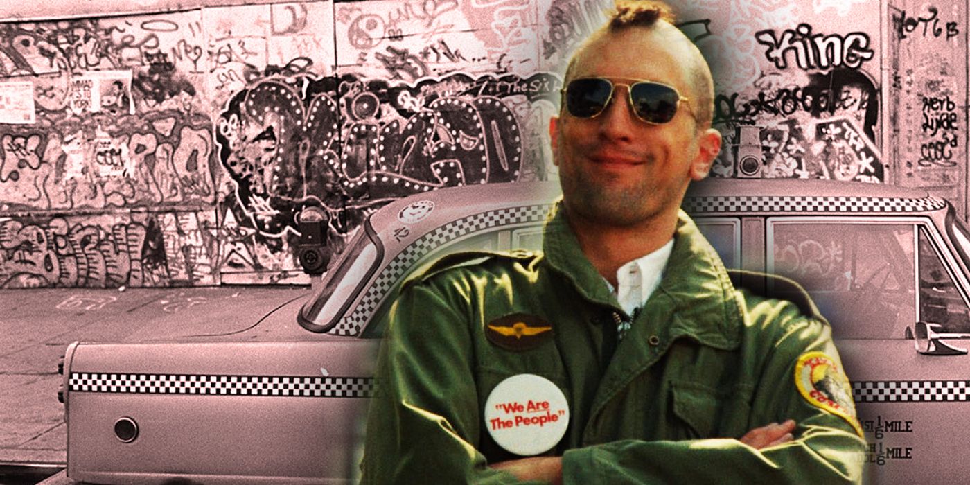 A blended image of Taxi Driver including Robert De Niro as Travis Bickle with his arms folded