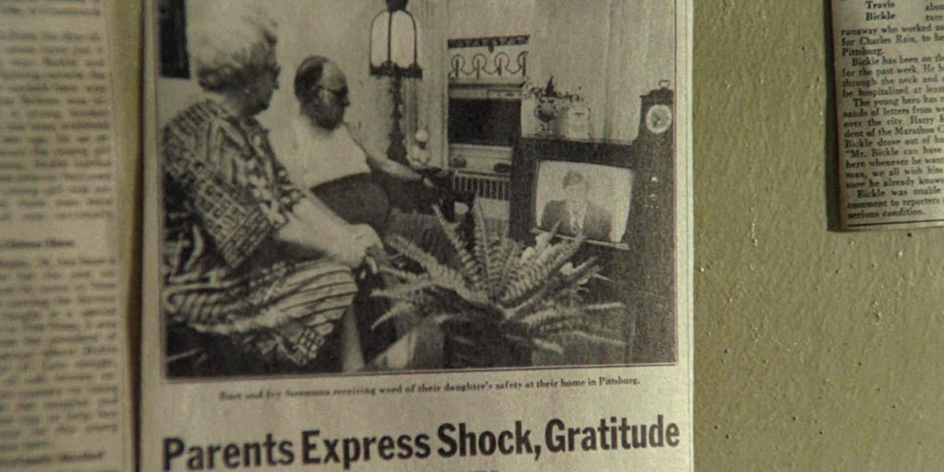 A shot of a newspaper clipping from the end of Taxi Driver, describing Iris' parents gratitude for Travis's actions.