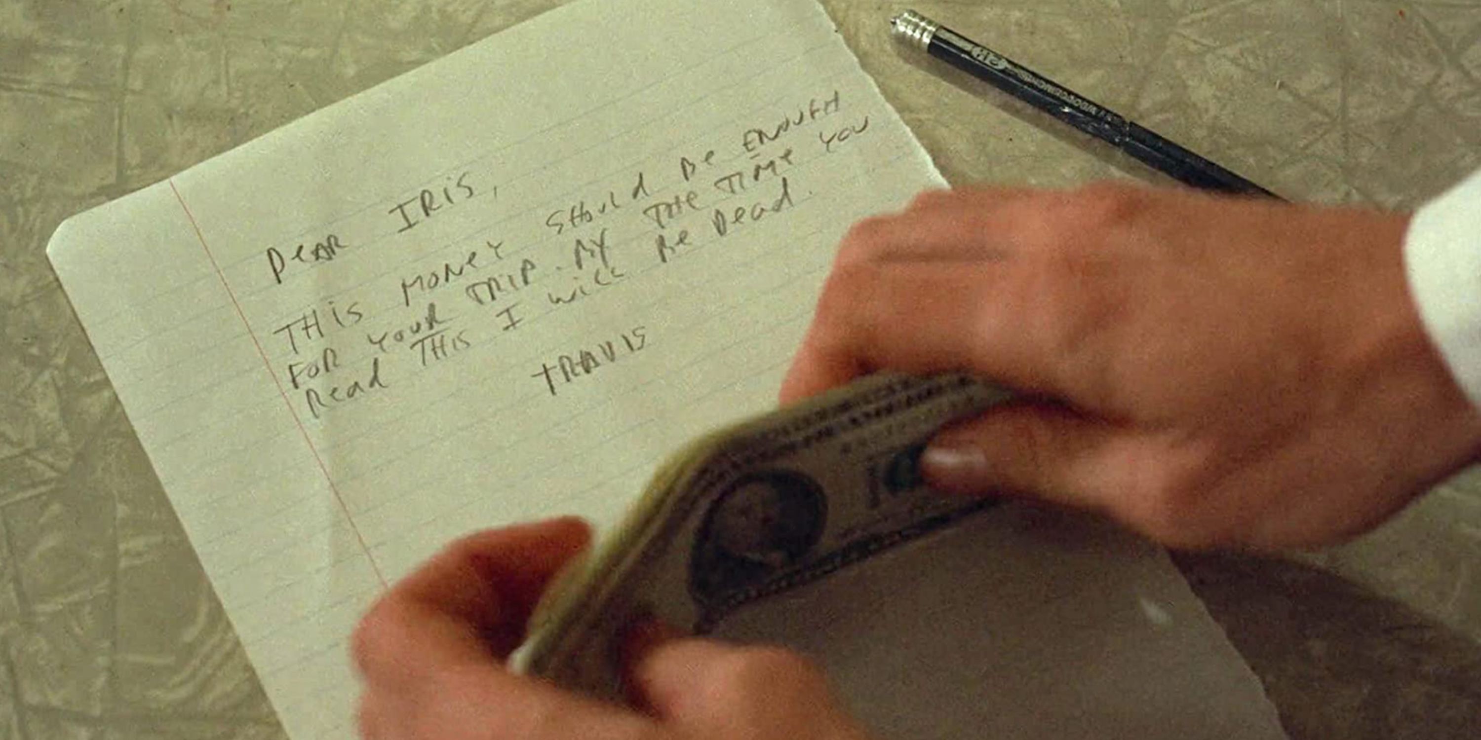 A shot of the note Travis leaves for Iris at the end of Taxi Driver, along with the money he left her.