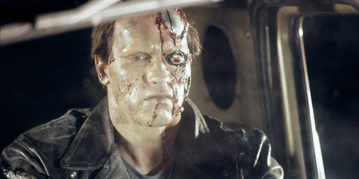 A damaged T-800 driving in Terminator