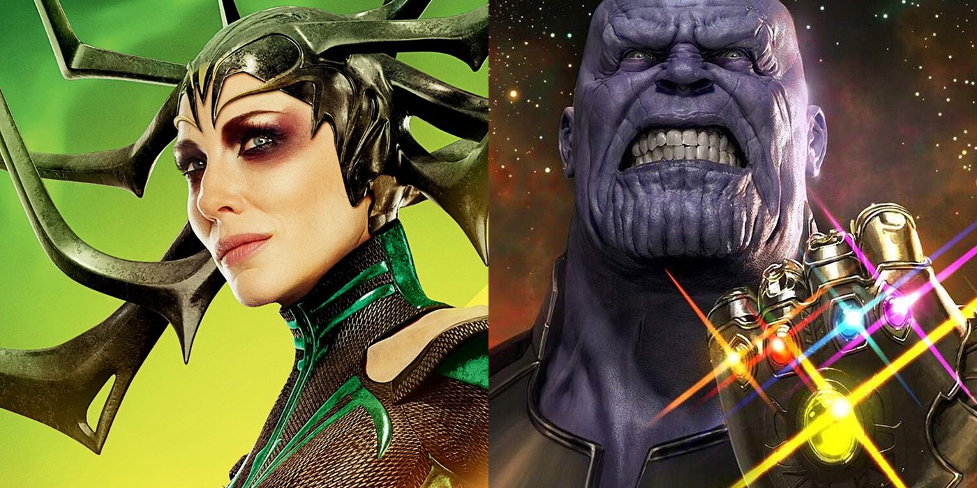 Split image of Hela and Thanos from the MCU