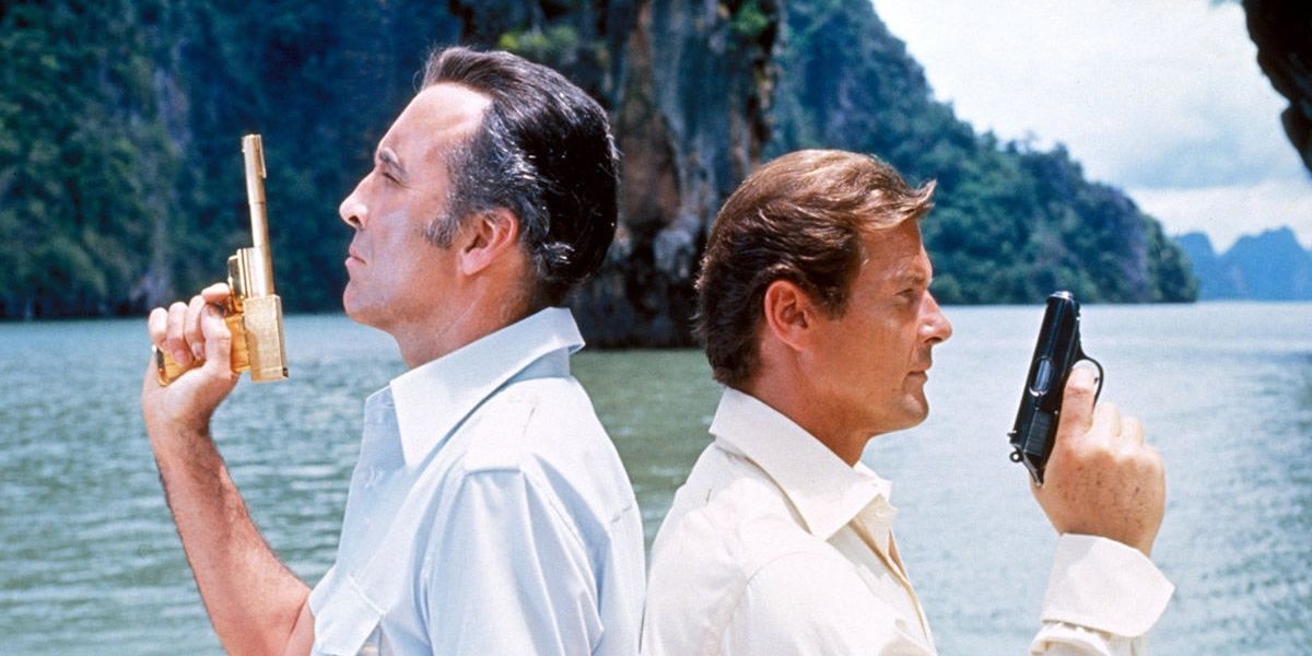 Scaramanga and Bond standing back to back with guns drawn in The Man with The Golden Gun
