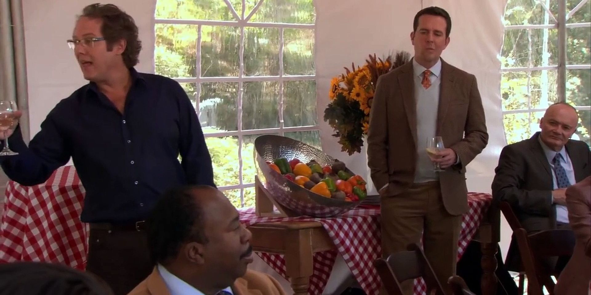 Robert California and Andy make a speech at the garden party on The Office