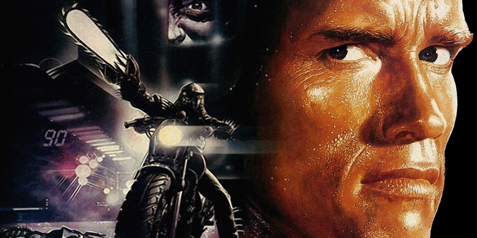Arnold Schwarzenegger on the Running Man poster with a chainsaw wielding motorcyclist
