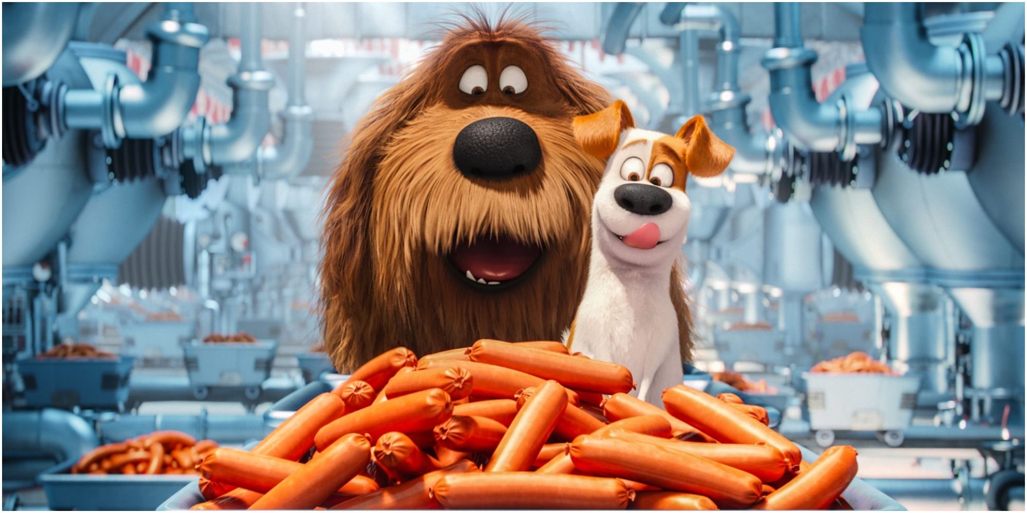 Two dogs eye a plate of sausages in The Secret Life of Pets