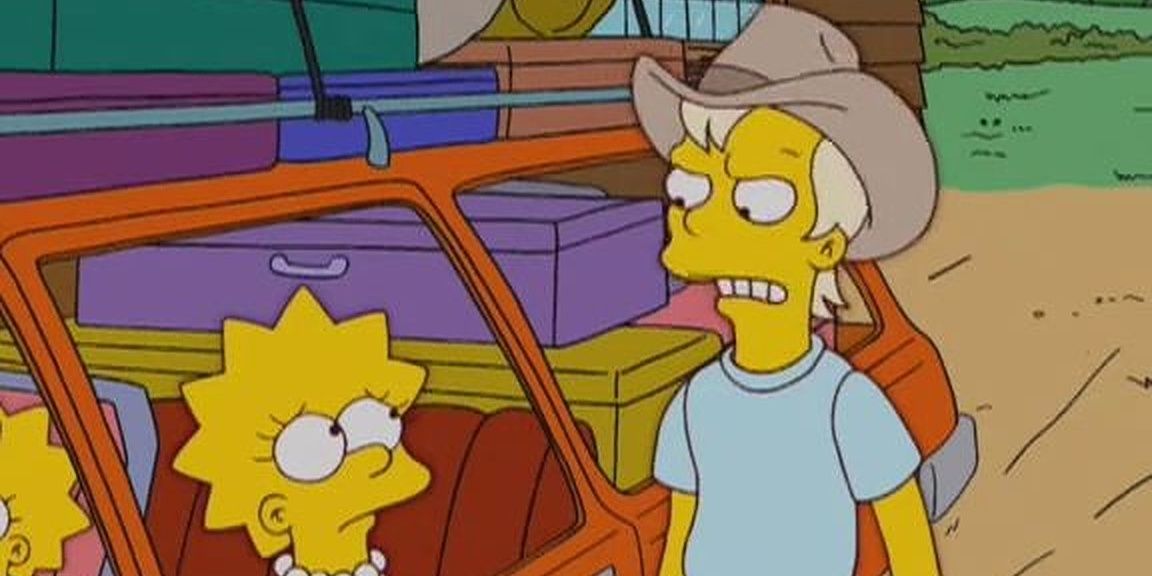 Lisa, sitting in the Simpsons' car next to Maggie, looking outside at a perturbed Luke