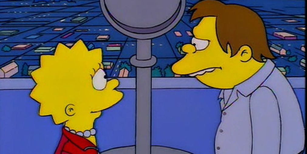 Lisa and Nelson look at each other in The Simpsons