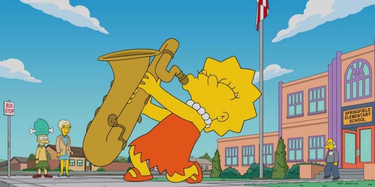 Lisa playing her saxophone outside of the school in The Simpsons