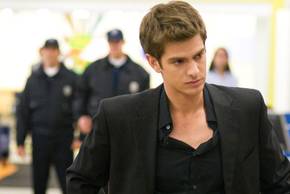 Andrew Garfield as Eduardo Saverin looking angry in The Social Network