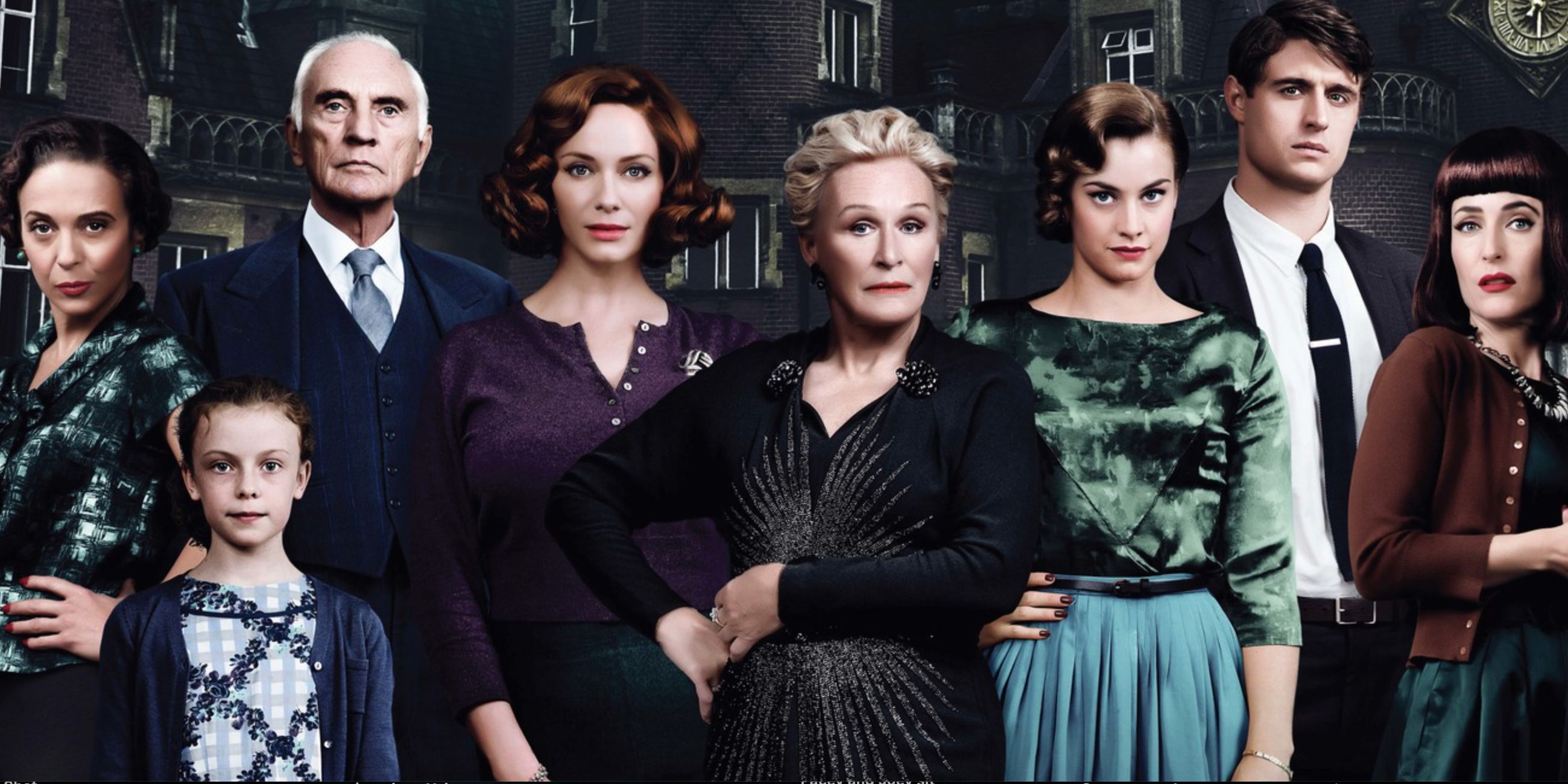 The cast of the 2017 adaptation of Crooked House in promotional artwork for the poster