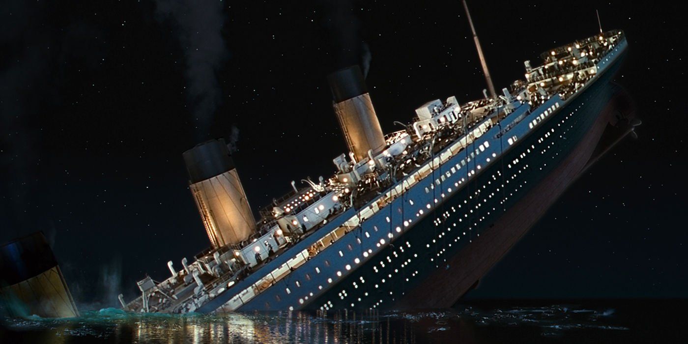 The sinking of the Titanic in James Cameron's film.