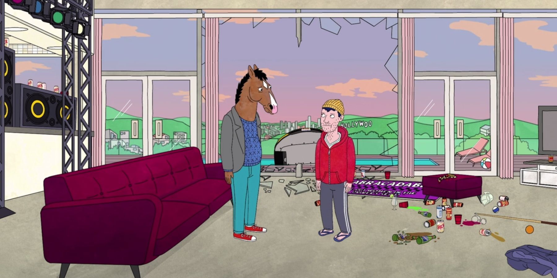 Todd and BoJack Hoseman talking in a destroyed living room