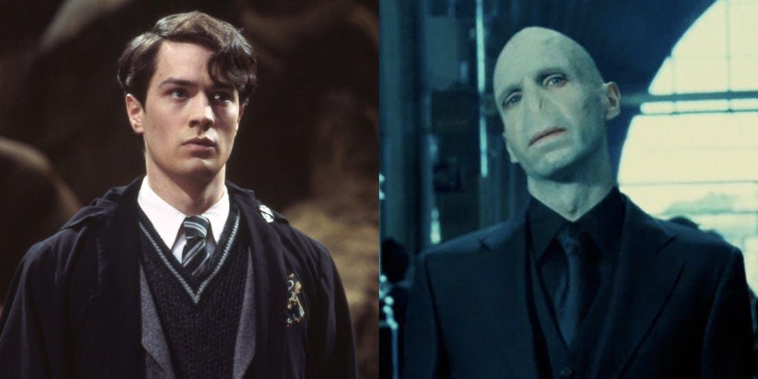 Split image of Tome Riddle and Voldemort in Harry Potter.