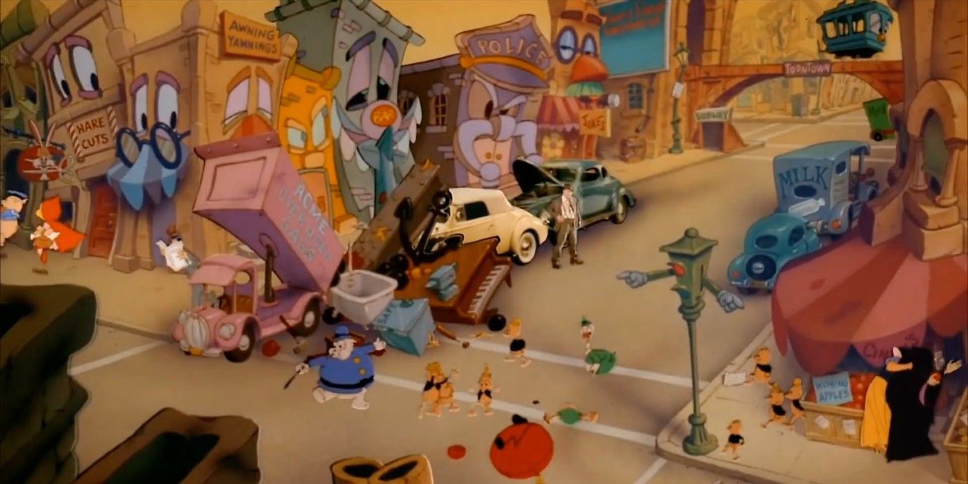An overhead shot of Toontown from Who Framed Roger Rabbit.