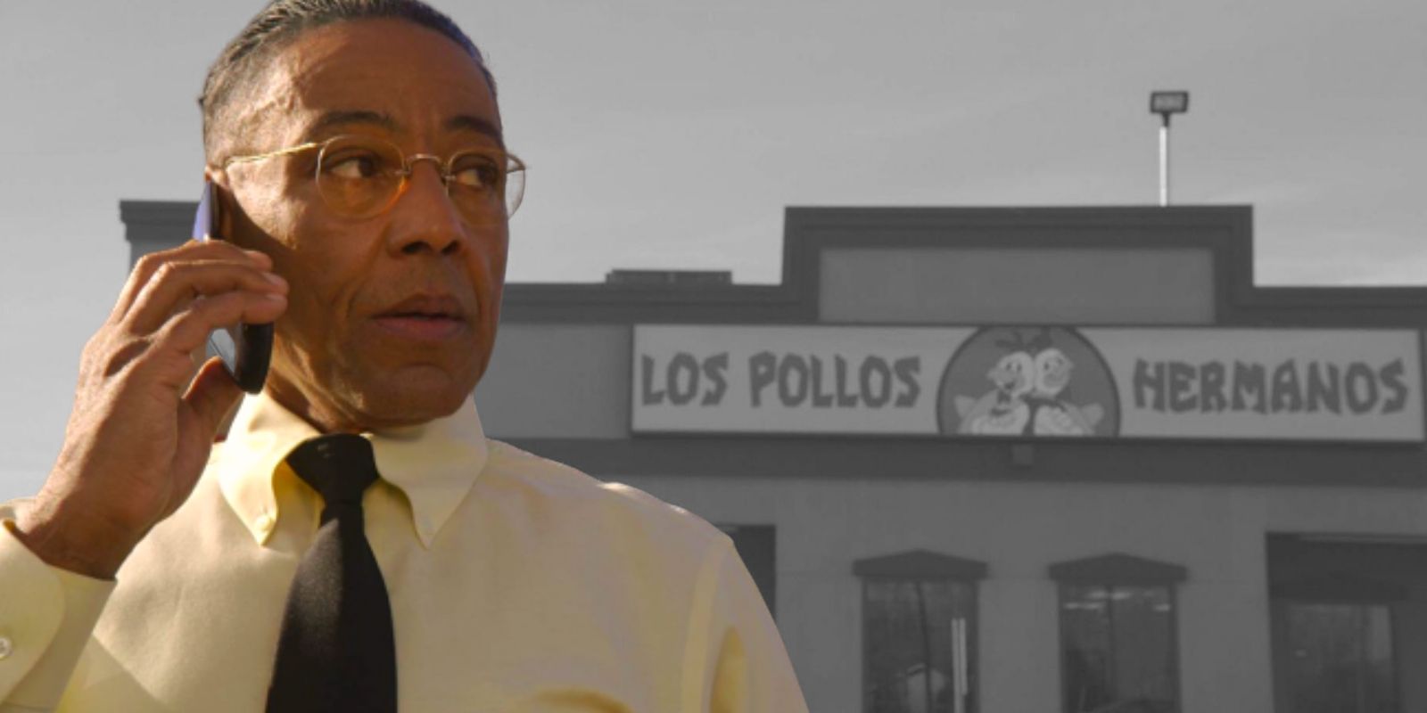 Gus Fring from Better Call Saul on a black and white background of Los Pollos Hermanos