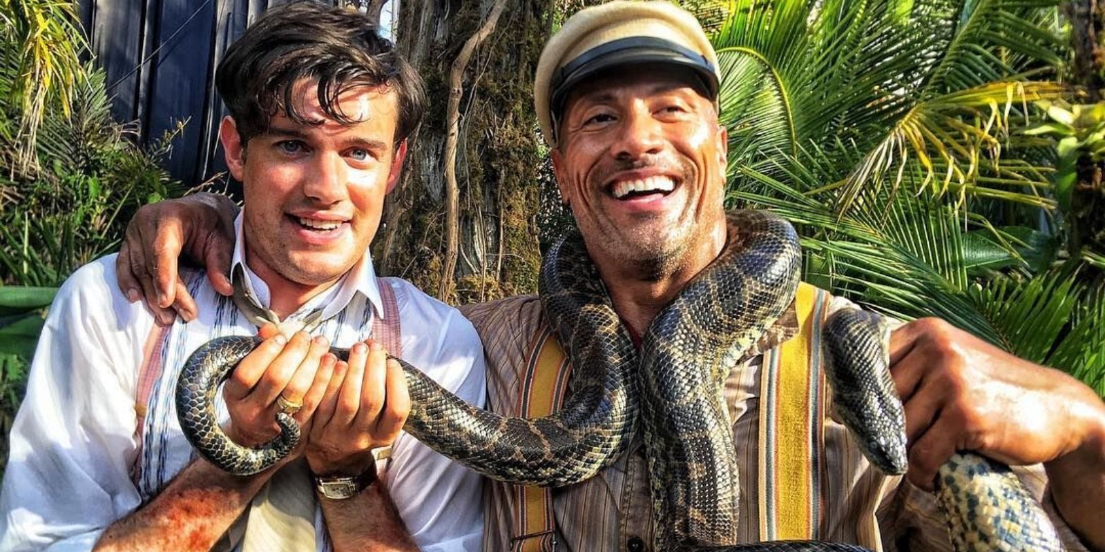Jack Whitehall and Dwayne Johnson in a behind the scenes photo from Disney's Jungle Cruise