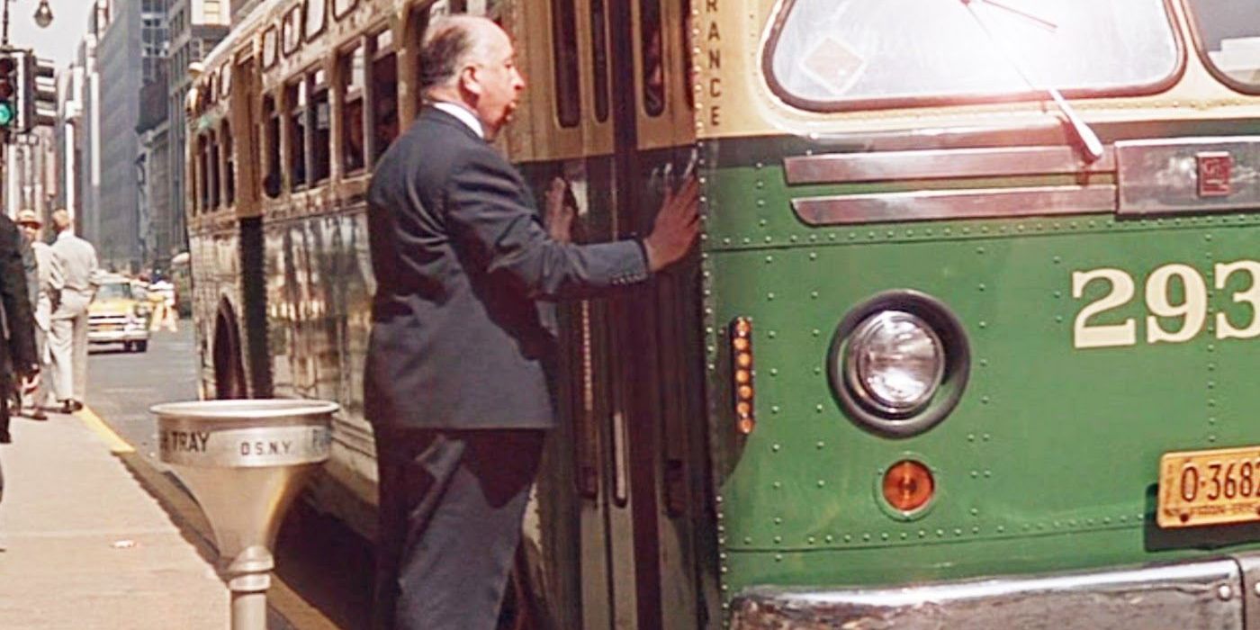 Alfred Hitchcock&rsquo;s cameo in North by Northwest getting onto a bus.