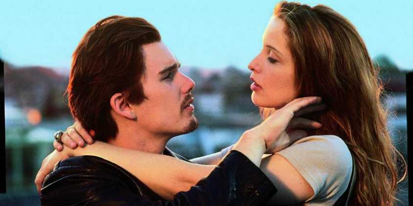 Jesse and Celine with their arms around one another in Before Sunrise