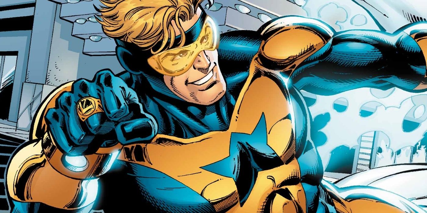 Booster Gold flying and smiling in DC Comics
