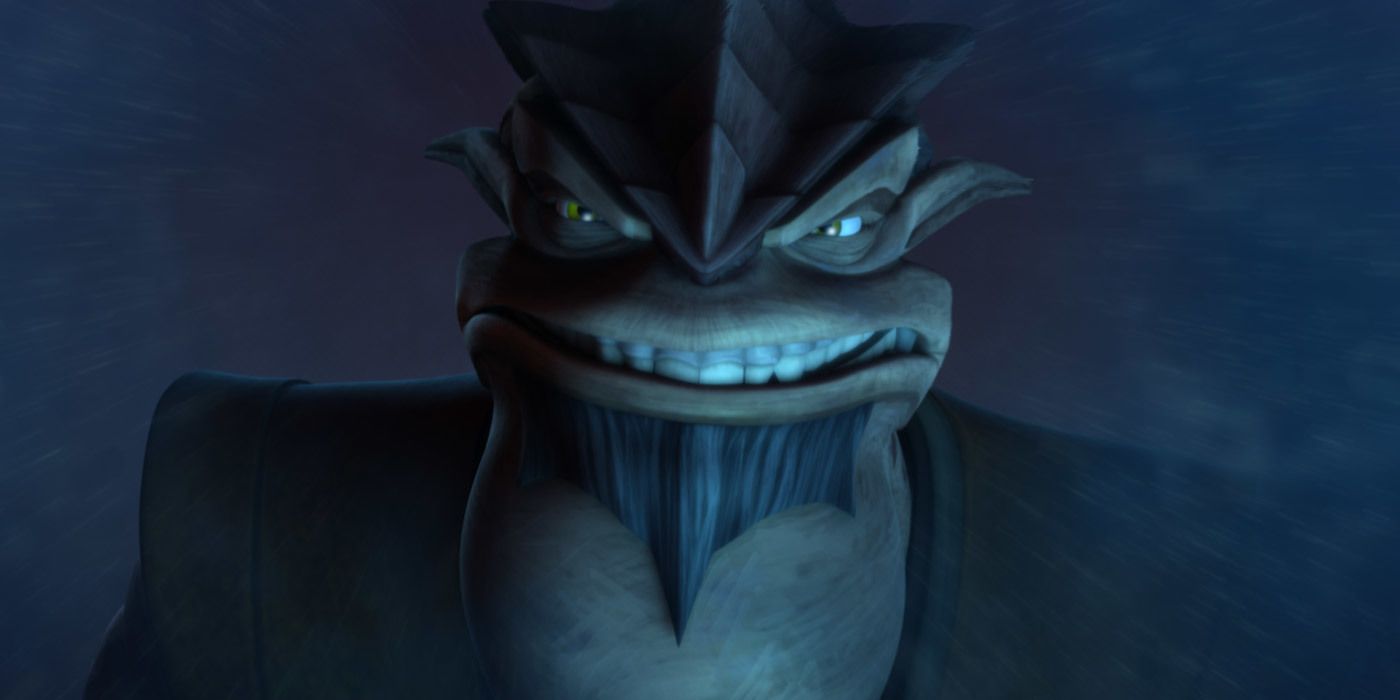 A still from Clone Wars Carnage of Krell episode showing Krell grimacing.