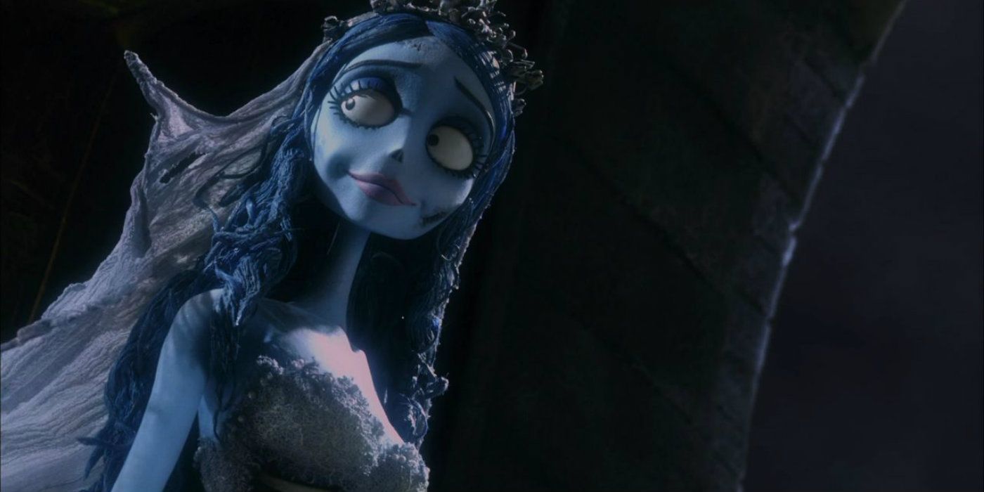 Emily the Corpse Bride smiles in the moonlight.