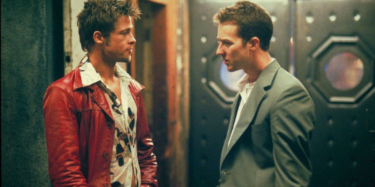 Tyler Durden and the narrator stand outside in Fight Club