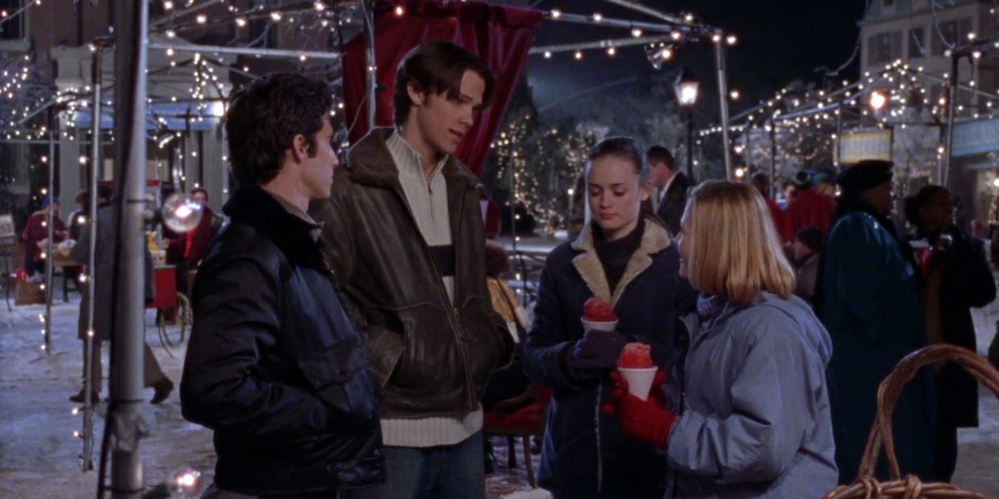 Jess, Dean, Rory, and Clara standing outside on Gilmore Girls