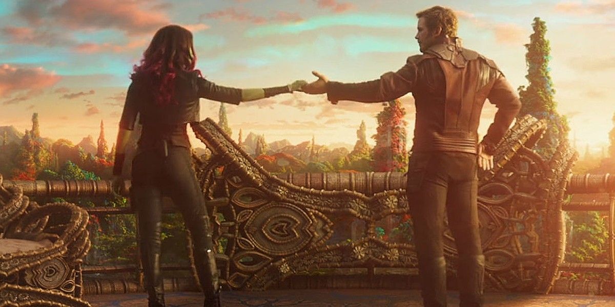 Peter and Gamora hold hands in Guardians of the galaxy vol. 2