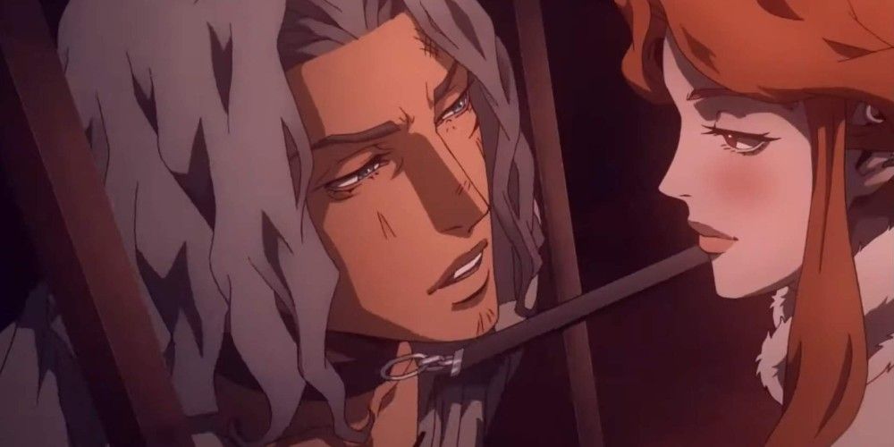 Close up of Lenore and Hector, Hector behind bars with a collar, Castlevania