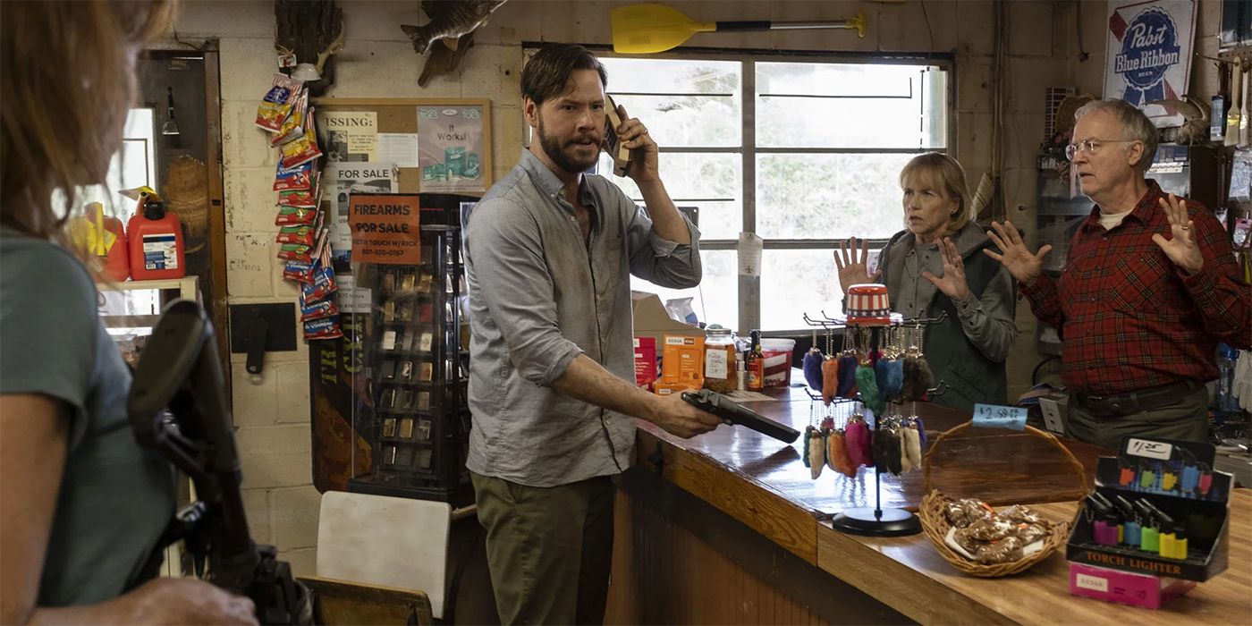 Moses (Ike Barinholtz) holds up a grocery store in The Hunt