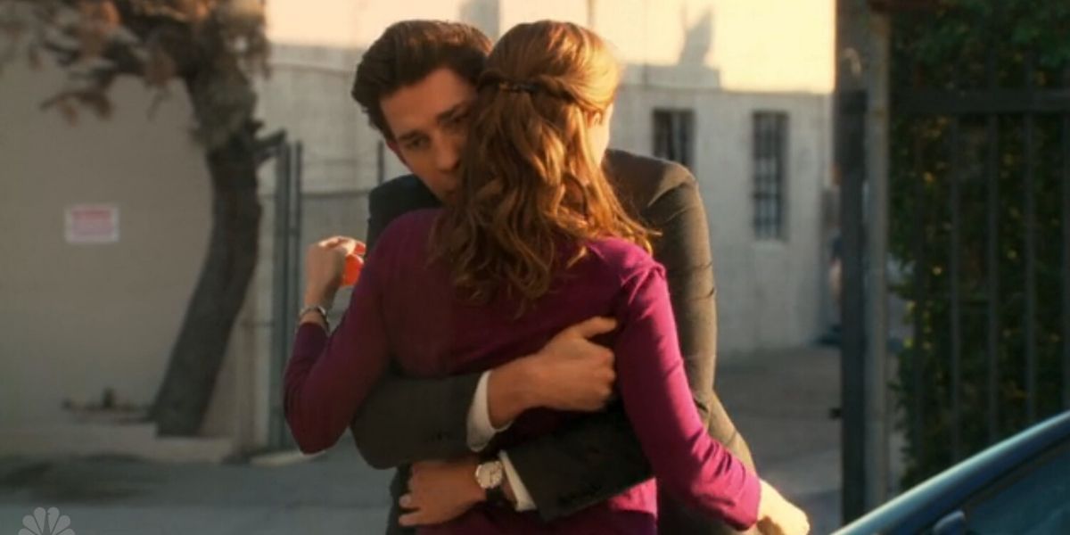 Jim embraces a reluctant Pam in a parking lot in The Office