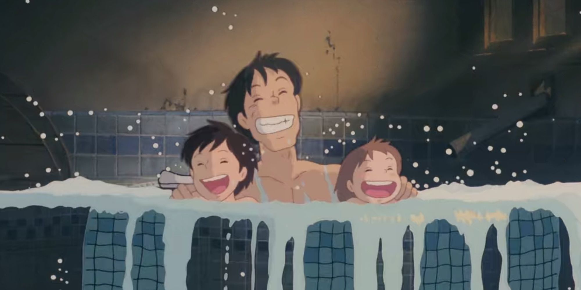 Mei, Satsuki e seu pai riem alto no banho em Meu Vizinho Totoro