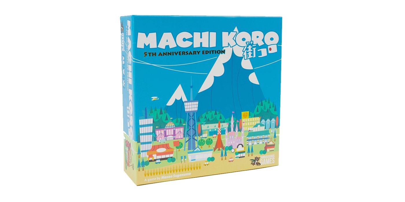 Caixa de Machi Koro com uma versão em desenho animado de uma cidade japonesa.