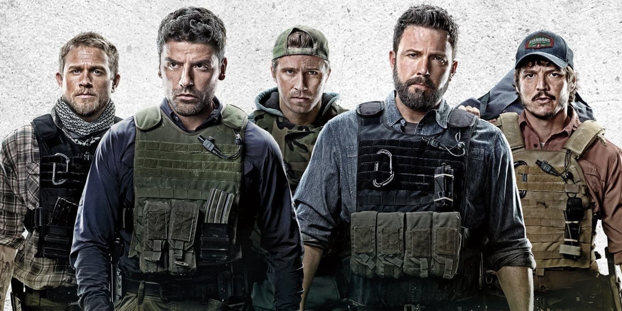 The main cast of Triple Frontier walk in a menacing line.