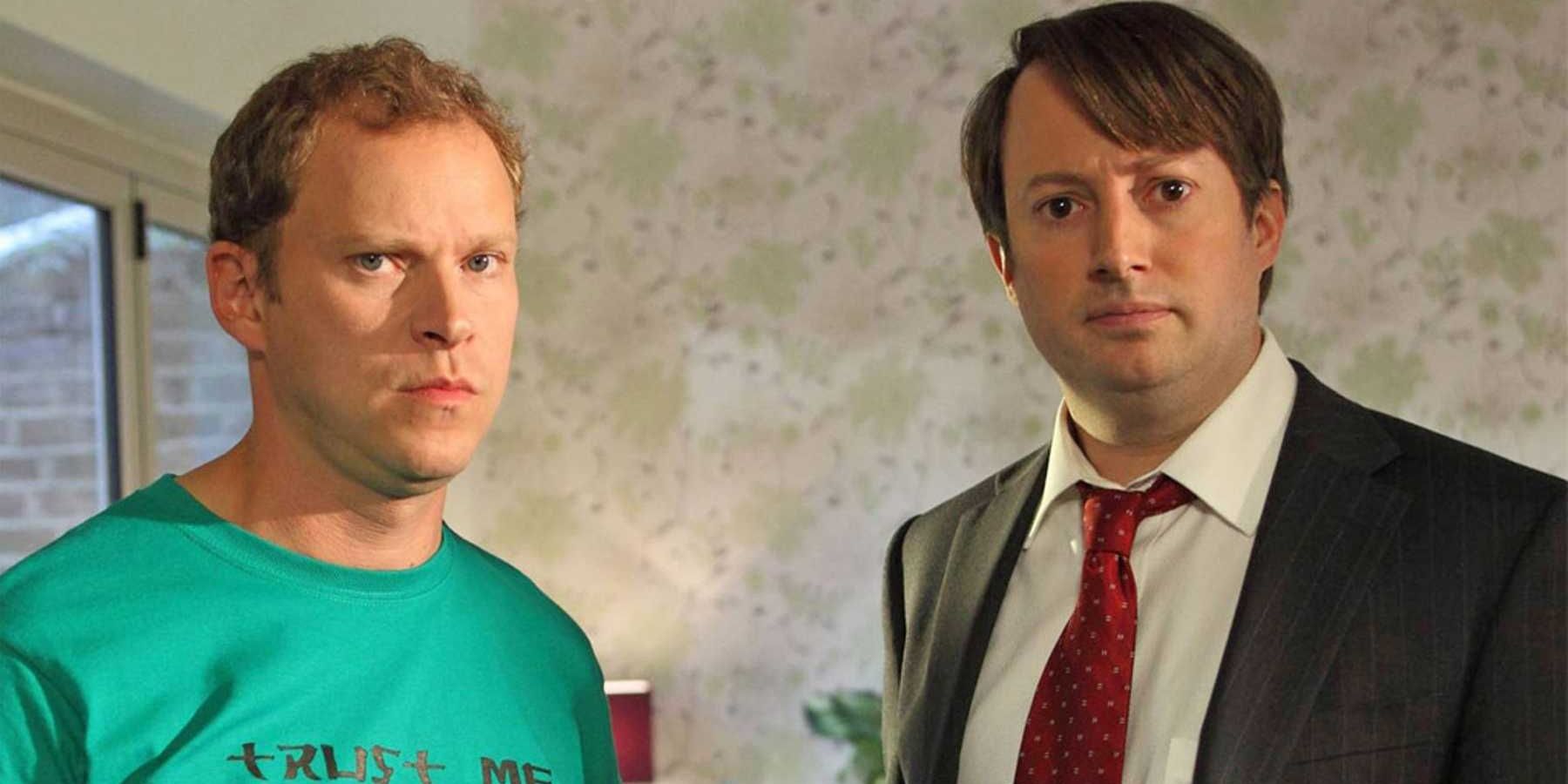 Mark and Jez in Peep Show both scowling at the camera.