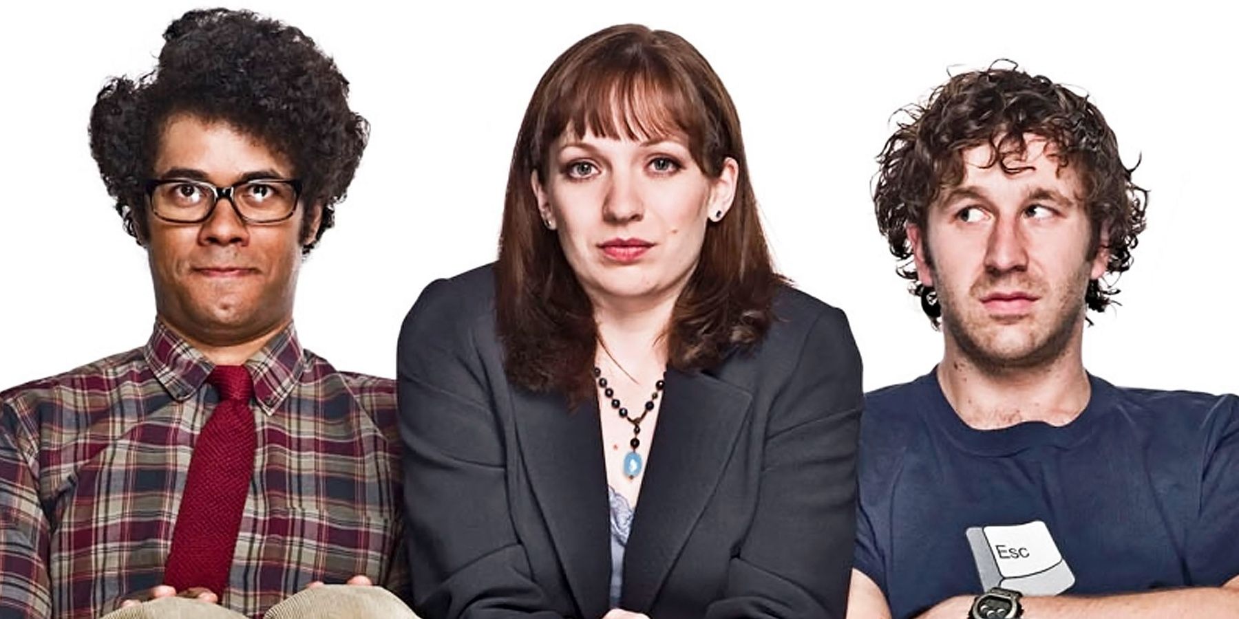 The three main characters in the IT Crowd sit side by side