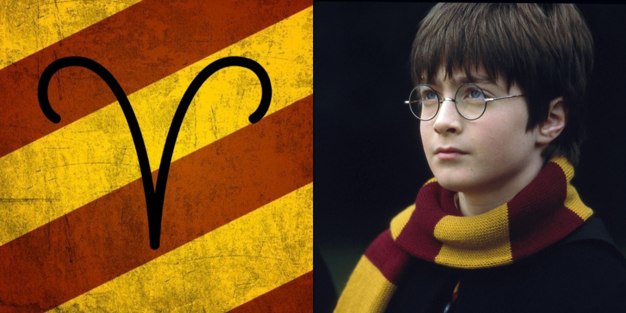 Aries Symbol against Red and Yellow diagonal stripes next to Harry Potter in a Gryffindor Scarf