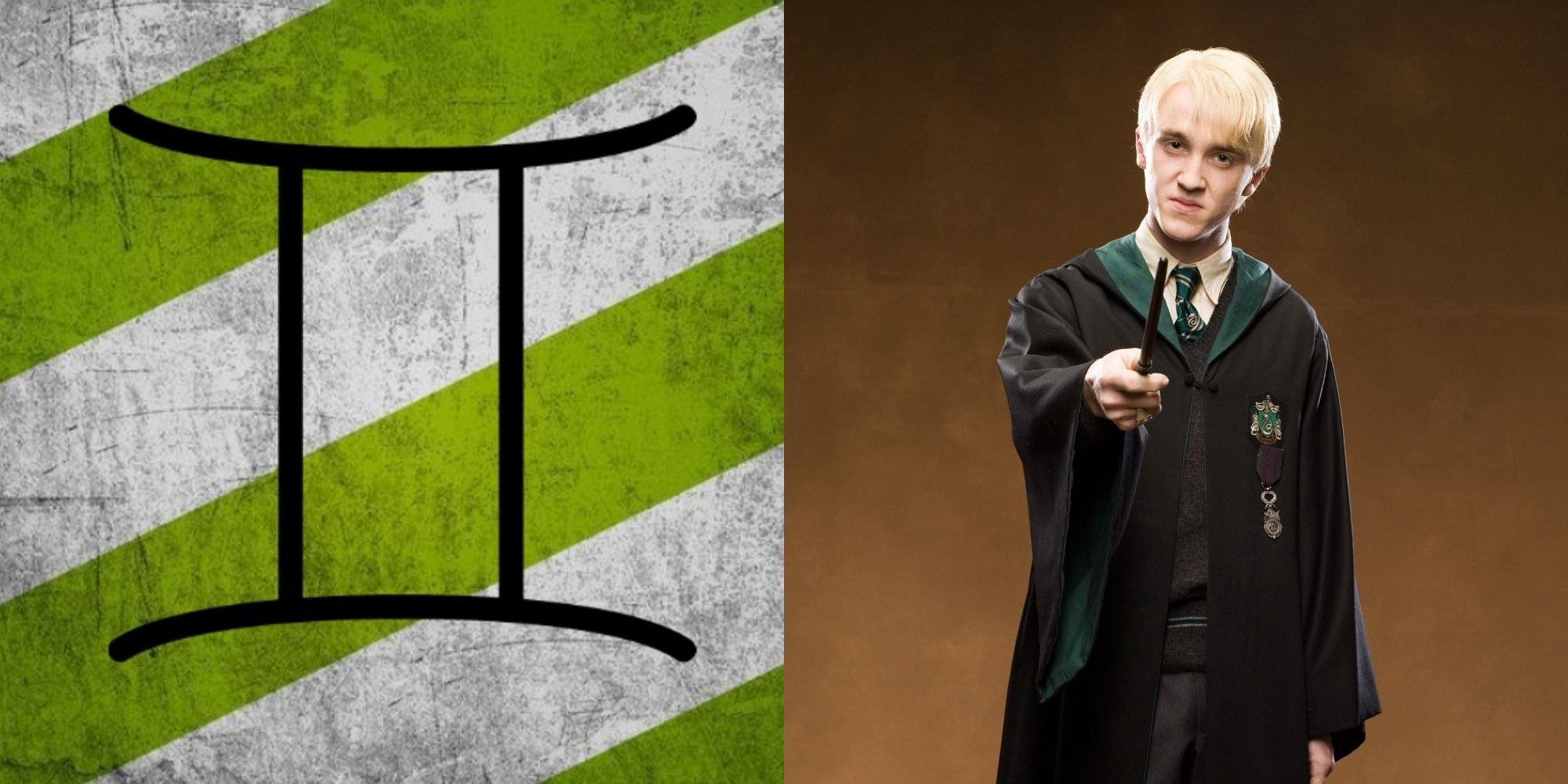 Gemini Symbol over green and grey stripes next to Draco Malfoy in Slytherin Uniform