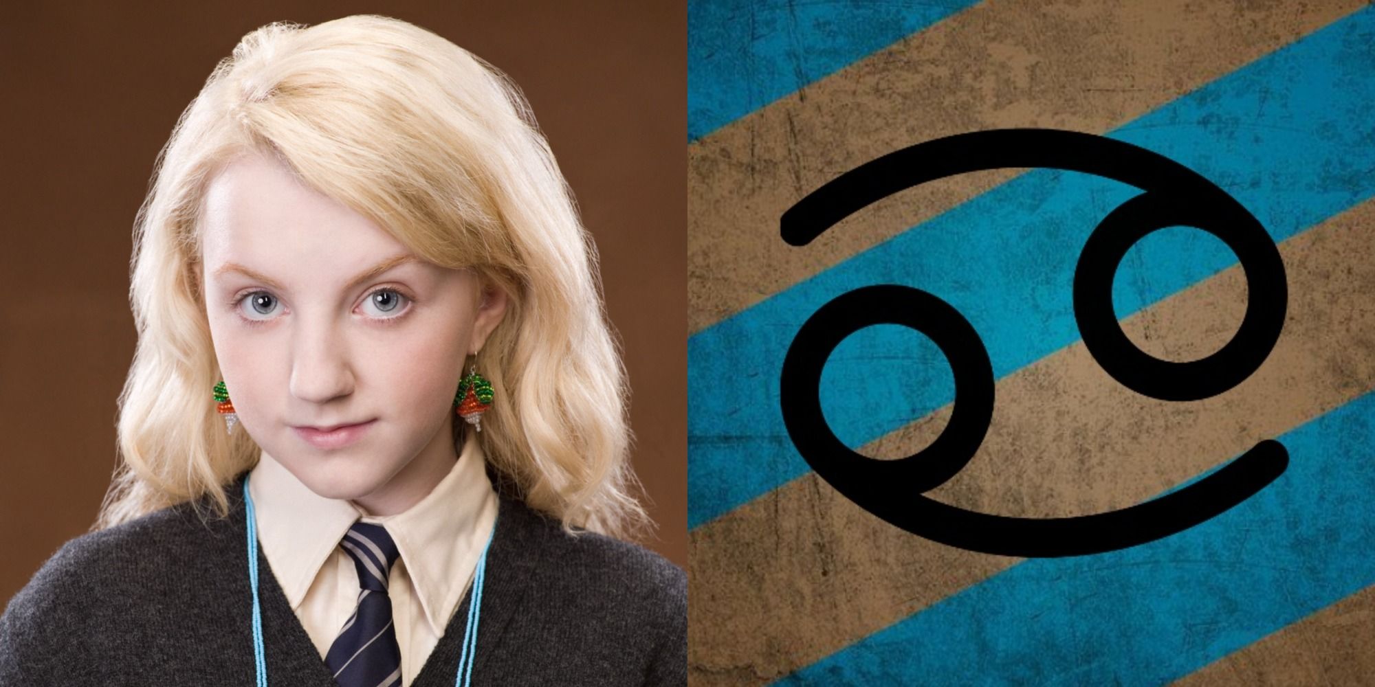 Luna Lovegood next to the Cancer Zodiac Symbol over Blue and Bronze stripes