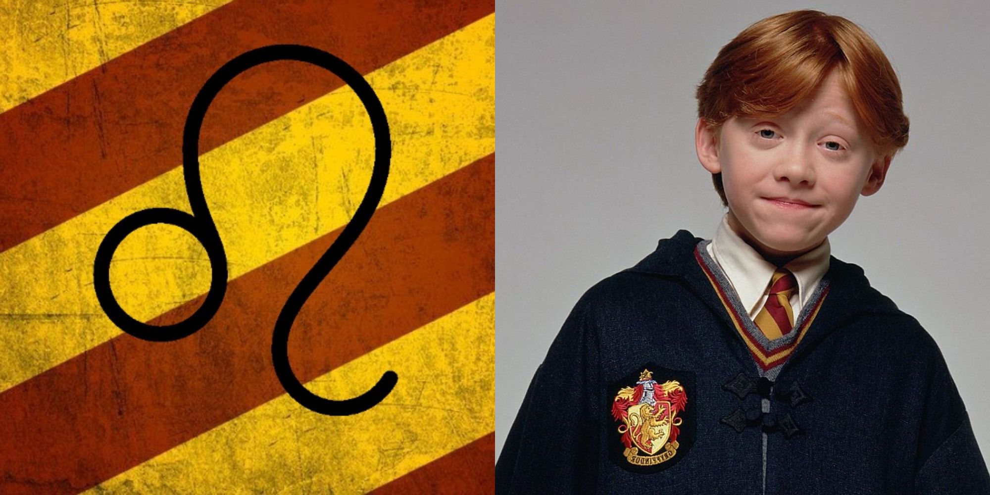 Leo Symbol over red and yellow stripes next to Ron Weasley in a Gryffindor uniform