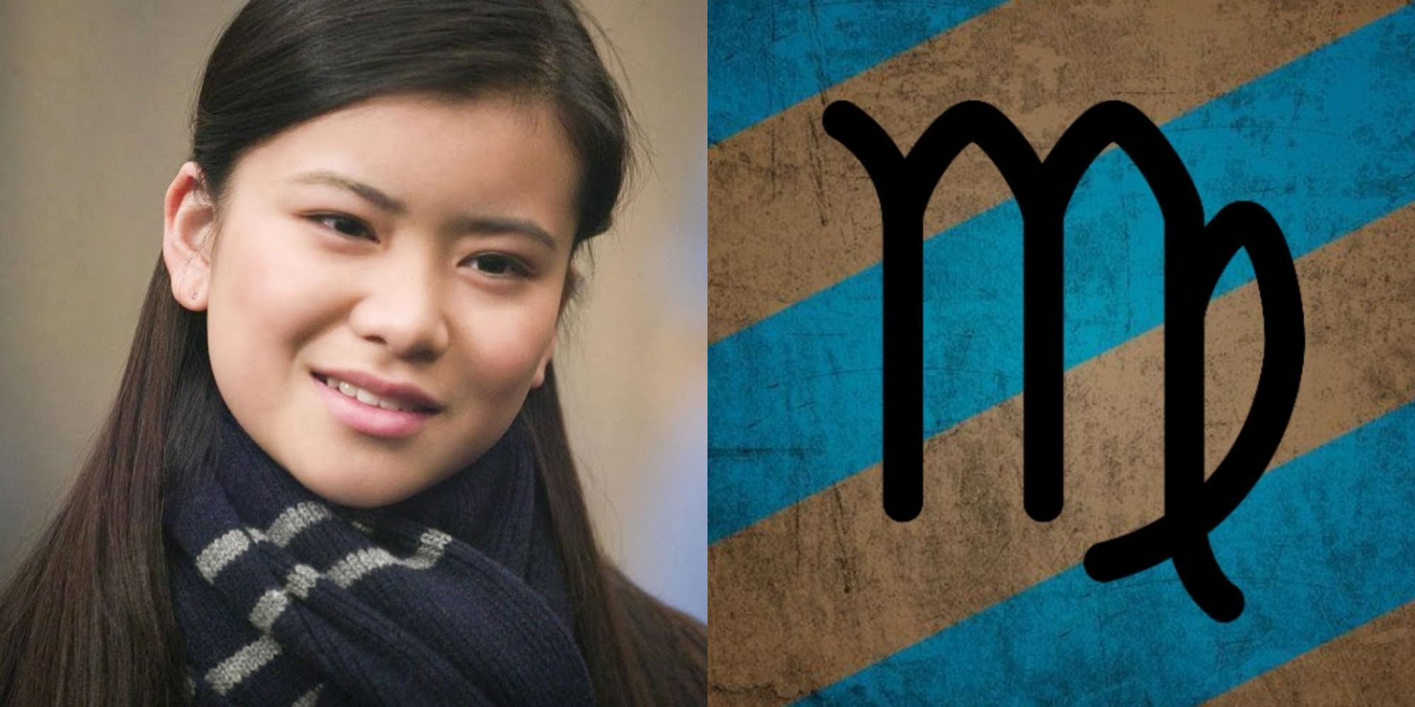 Cho Chang in Ravenclaw scarf next to the Virgo Symbol over Blue and Brown stripes