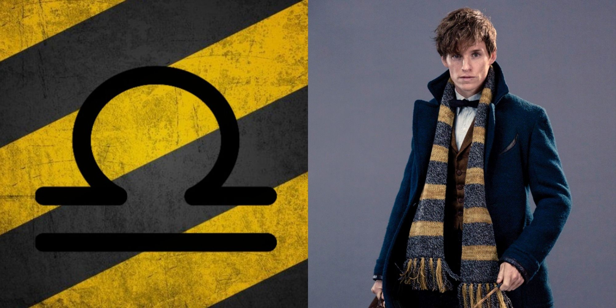 Libra Symbol over black and yellow stripes next to Newt Scamander wearing a Hufflepuff Scarf