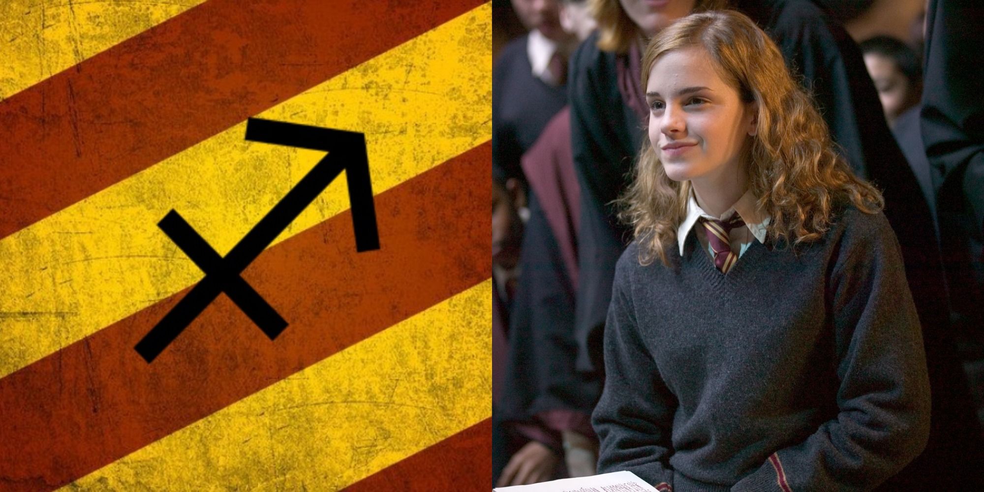 Sagittarius Symbol over red and yellow stripes next to Hermione Granger in Gryffindor uniform